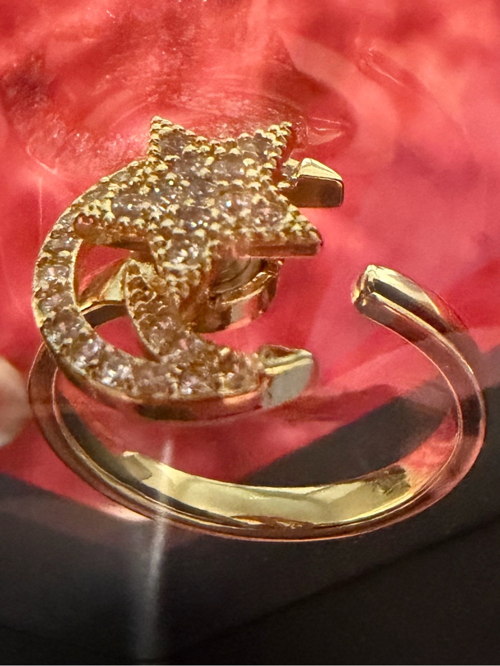 Gold Spinning Star & Crescent Moon Open Ring with Pave Crystals